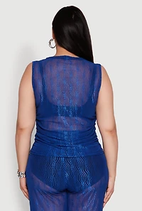 Womens Plus Trendy Wavy Stripe Mesh Sleeveless Top, Blue,