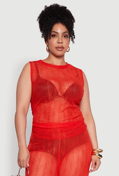 Womens Plus Size Trendy Wavy Stripe Mesh Sleeveless Top, Red, Size 2X