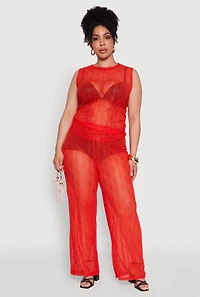 Womens Plus Size Trendy Wavy Stripe Mesh Sleeveless Top, Red, Size 2X