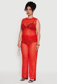 Womens Plus Size Trendy Wavy Stripe Mesh Sleeveless Top, Red, Size 2X