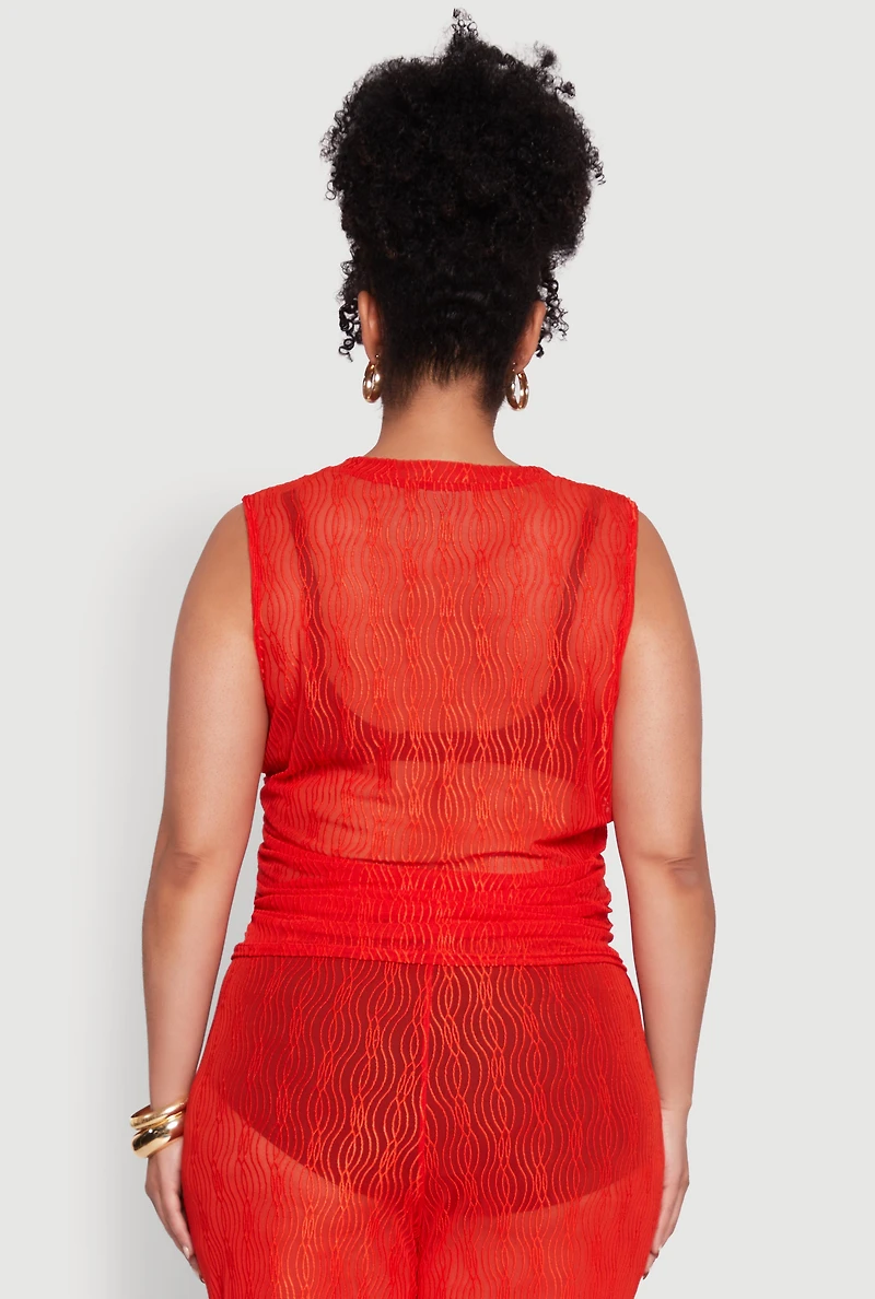 Womens Plus Size Trendy Wavy Stripe Mesh Sleeveless Top, Red, Size 2X