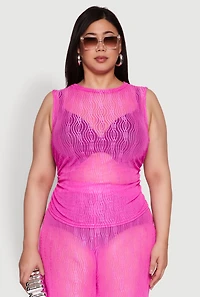 Plus Trendy Wavy Stripe Mesh Sleeveless Top