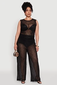 Plus Stylish High Waisted Wavy Stripe Mesh Palazzo Pants
