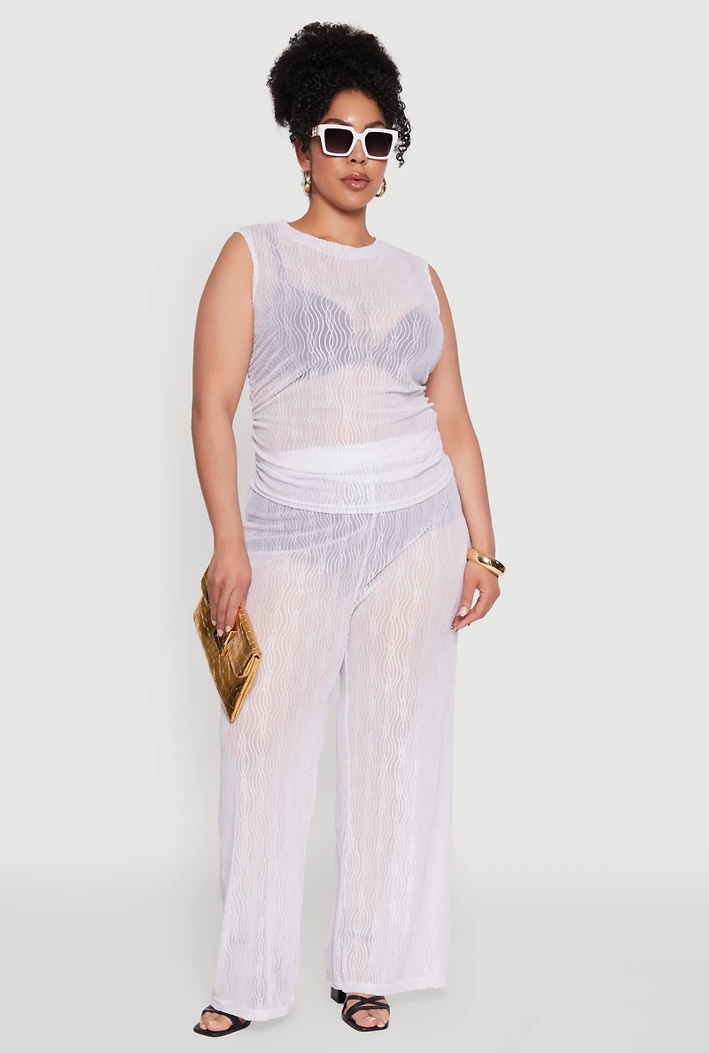 Womens Plus Size Stylish High Waisted Wavy Stripe Mesh Palazzo Pants, White, Size 4X