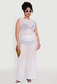 Womens Plus Size Stylish High Waisted Wavy Stripe Mesh Palazzo Pants, White, Size 4X