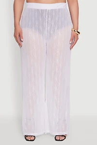 Womens Plus Size Stylish High Waisted Wavy Stripe Mesh Palazzo Pants, White, Size 4X