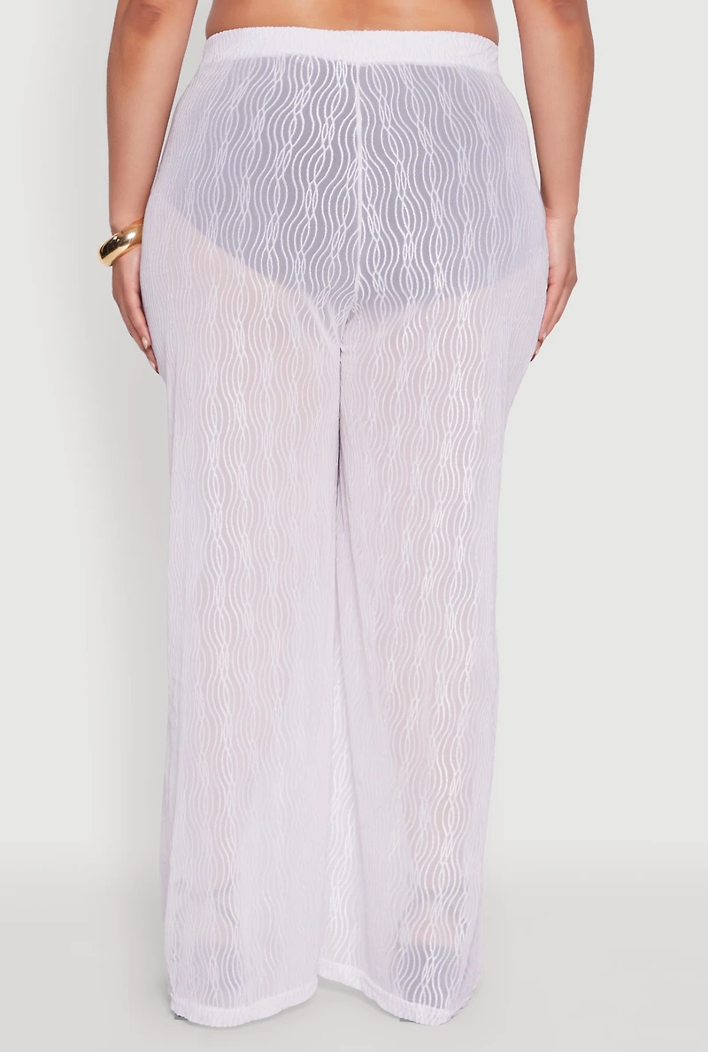 Womens Plus Size Stylish High Waisted Wavy Stripe Mesh Palazzo Pants, White, Size 4X