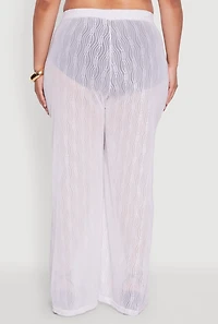 Womens Plus Size Stylish High Waisted Wavy Stripe Mesh Palazzo Pants, White, Size 4X