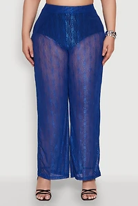 Womens Plus Size Stylish High Waisted Wavy Stripe Mesh Palazzo Pants, Blue, Size 3X