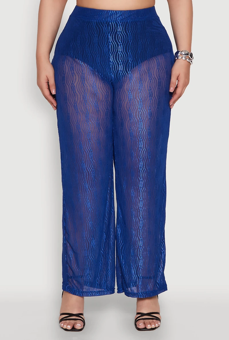 Womens Plus Size Stylish High Waisted Wavy Stripe Mesh Palazzo Pants, Blue, Size 2X
