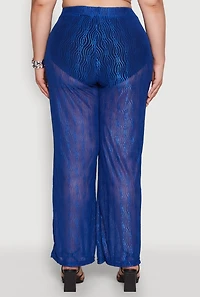 Womens Plus Size Stylish High Waisted Wavy Stripe Mesh Palazzo Pants, Blue, Size 3X