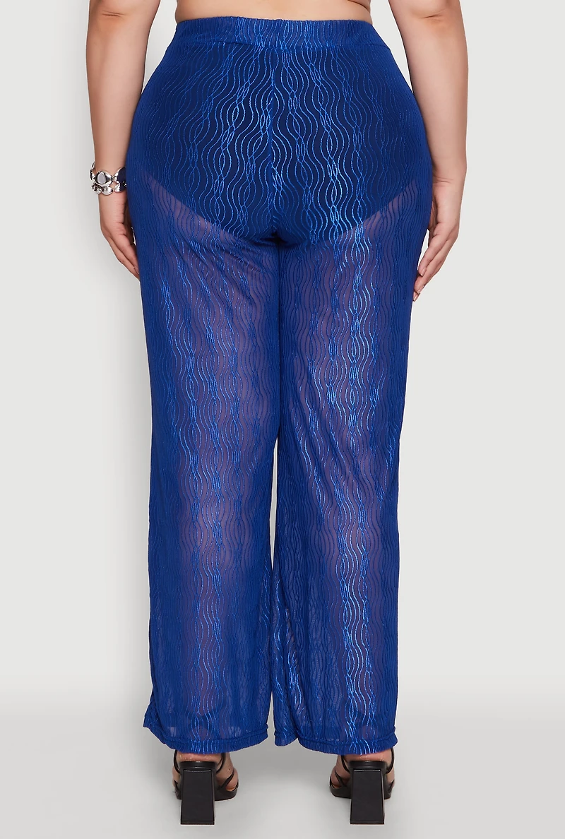 Womens Plus Size Stylish High Waisted Wavy Stripe Mesh Palazzo Pants, Blue, Size 2X