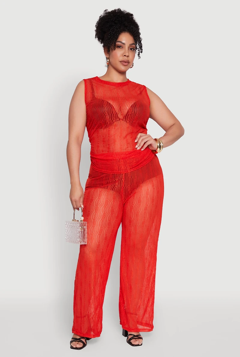Plus Stylish High Waisted Wavy Stripe Mesh Palazzo Pants