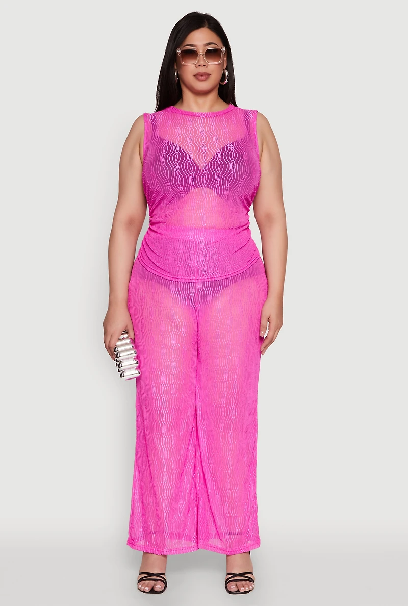 Womens Plus Stylish High Waisted Wavy Stripe Mesh Palazzo Pants, 2X