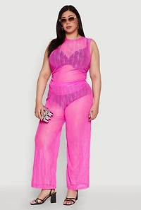 Womens Plus Stylish High Waisted Wavy Stripe Mesh Palazzo Pants, 2X