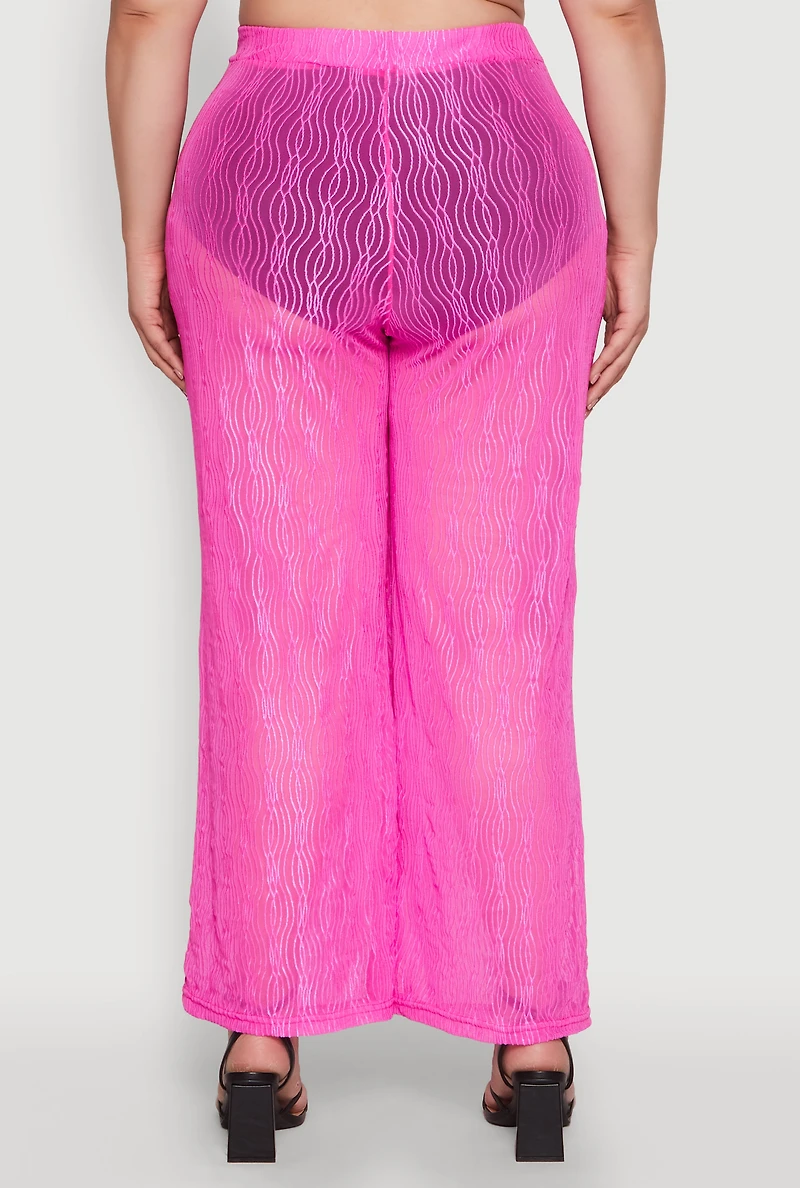 Womens Plus Stylish High Waisted Wavy Stripe Mesh Palazzo Pants, 2X