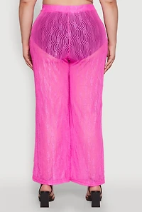 Womens Plus Stylish High Waisted Wavy Stripe Mesh Palazzo Pants,