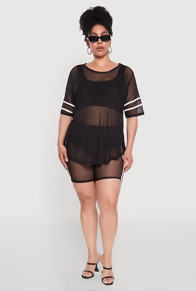 Womens Plus Mesh High Waisted Bike Shorts with Varsity Stripe Details,
