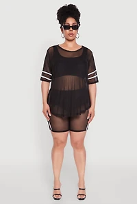 Womens Plus Mesh High Waisted Bike Shorts with Varsity Stripe Details,
