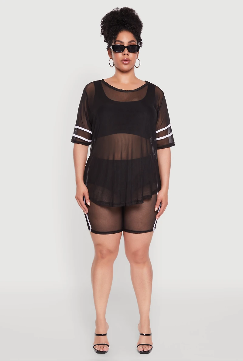 Womens Plus Mesh High Waisted Bike Shorts with Varsity Stripe Details,