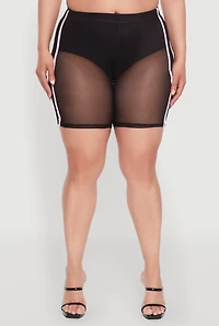 Womens Plus Mesh High Waisted Bike Shorts with Varsity Stripe Details,