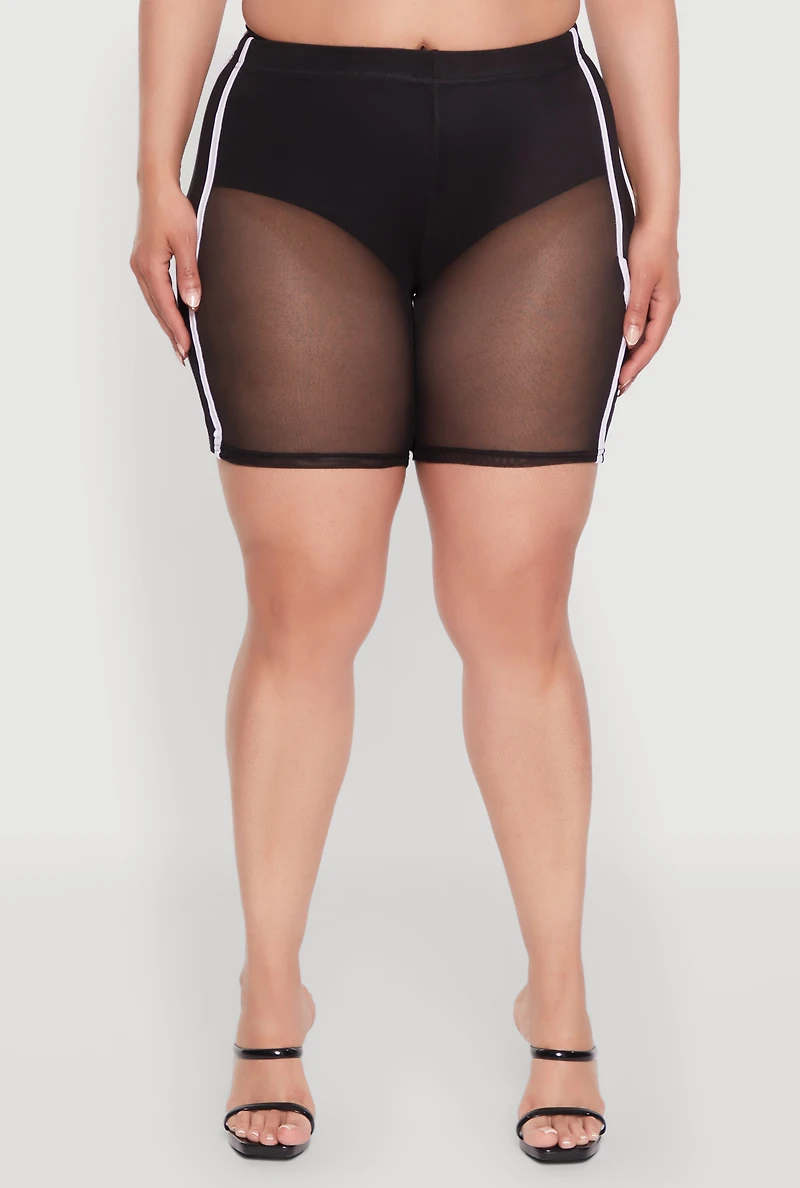 Womens Plus Mesh High Waisted Bike Shorts with Varsity Stripe Details,
