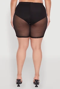 Womens Plus Mesh High Waisted Bike Shorts with Varsity Stripe Details,