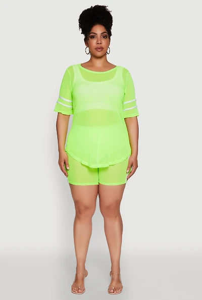 Womens Plus Mesh High Waisted Bike Shorts with Varsity Stripe Details,