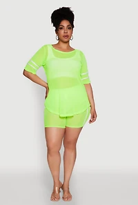 Womens Plus Size Mesh High Waisted Bike Shorts with Varsity Stripe Details, Green, Size 1X