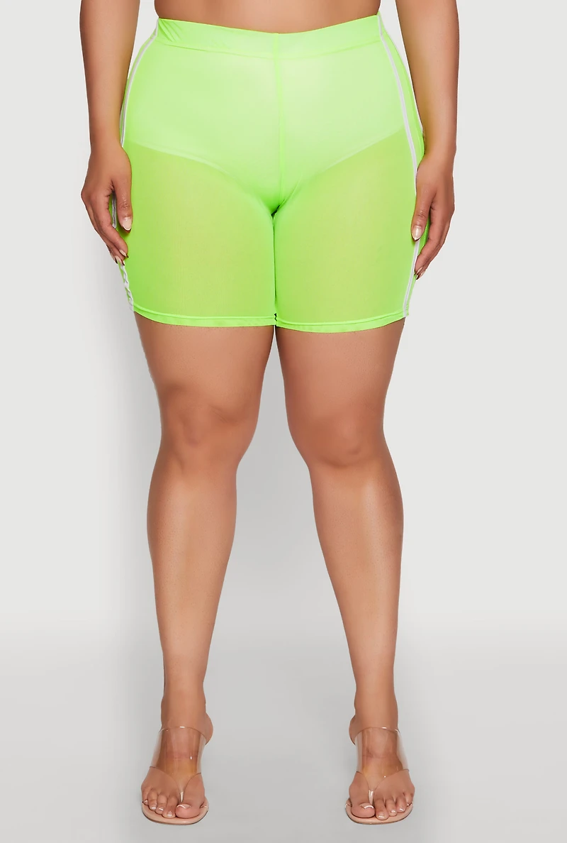 Womens Plus Size Mesh High Waisted Bike Shorts with Varsity Stripe Details, Green, Size 1X