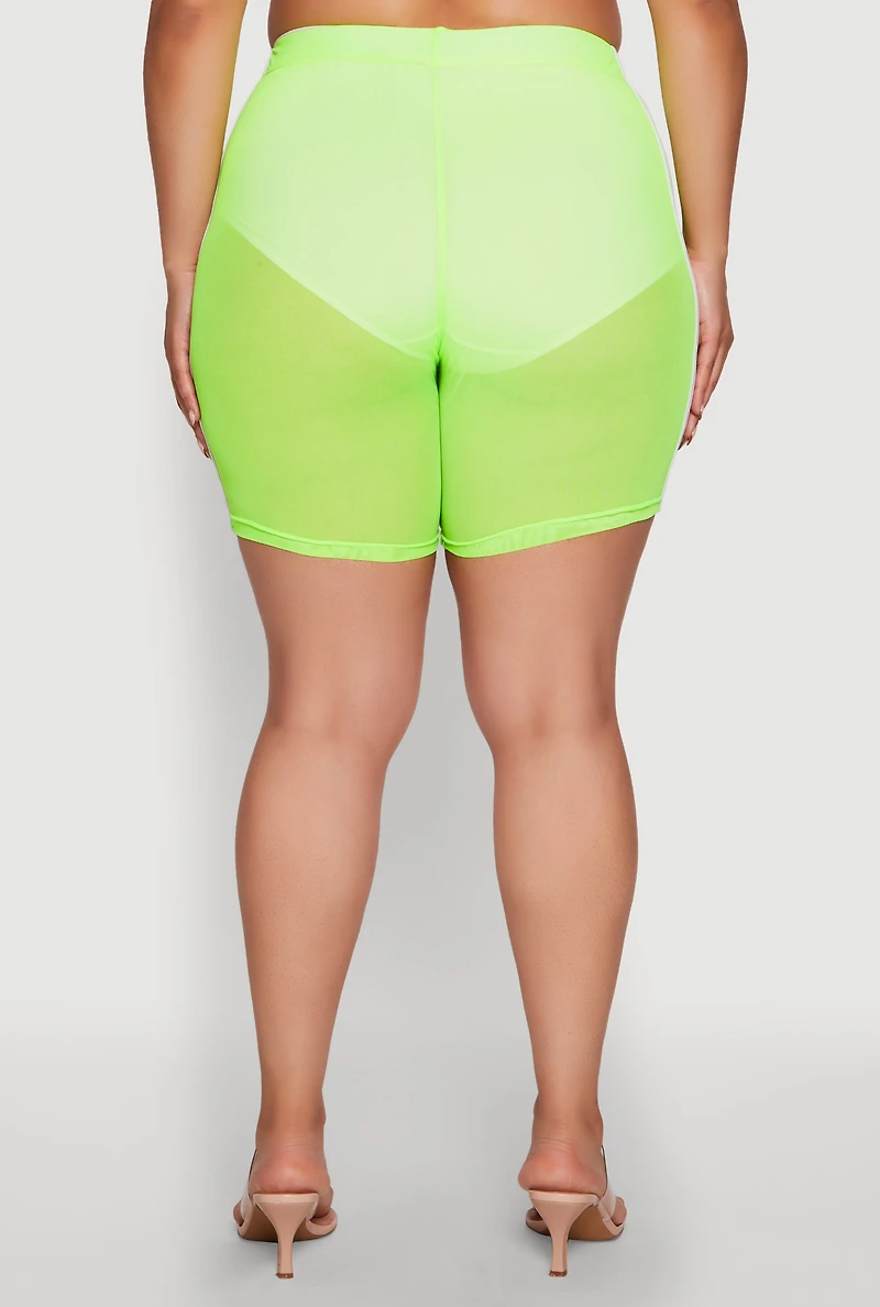 Womens Plus Mesh High Waisted Bike Shorts with Varsity Stripe Details, Green,