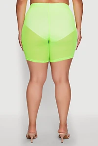Womens Plus Mesh High Waisted Bike Shorts with Varsity Stripe Details, Green,