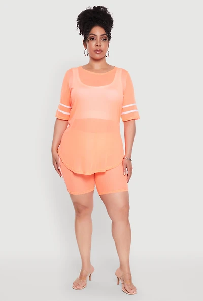 Plus Mesh High Waisted Bike Shorts with Varsity Stripe Details