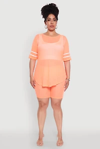 Plus Mesh High Waisted Bike Shorts with Varsity Stripe Details