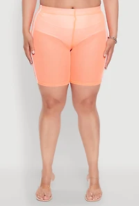 Plus Mesh High Waisted Bike Shorts with Varsity Stripe Details