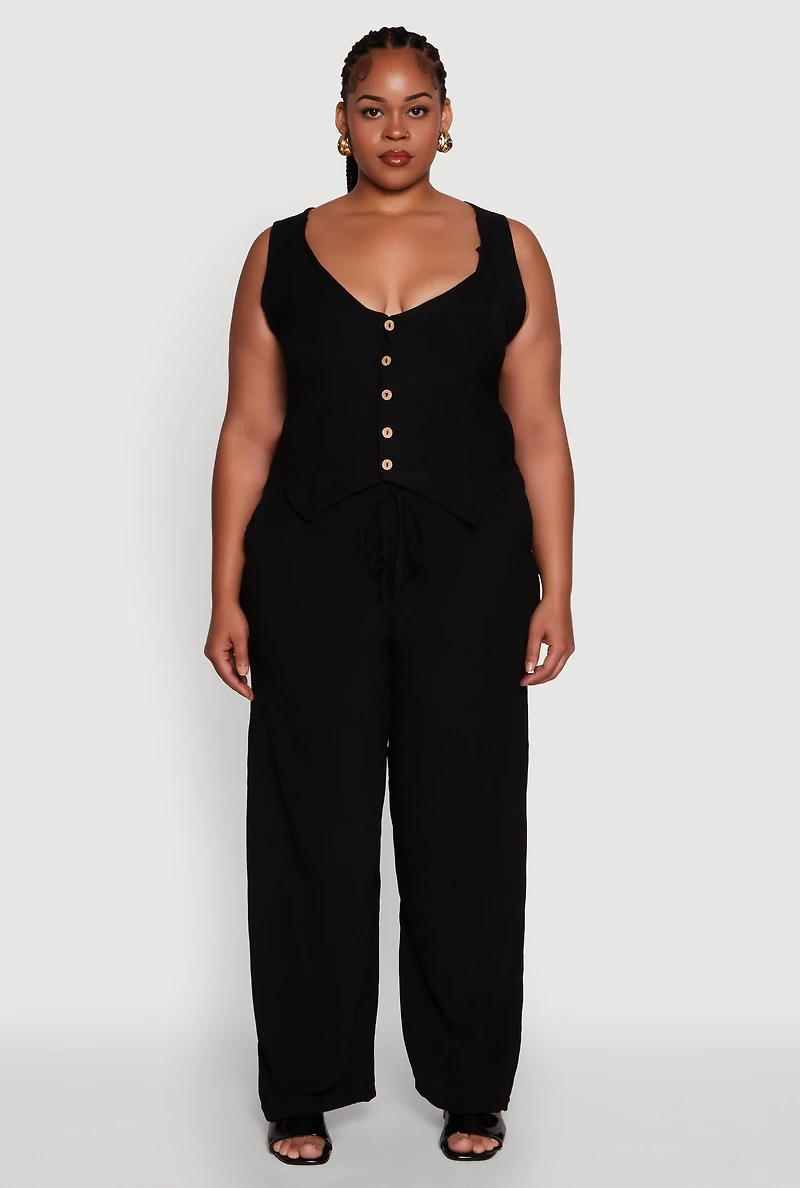 Womens Plus Size Drawstring Detail High Waisted Palazzo Pants, Black, Size 1X