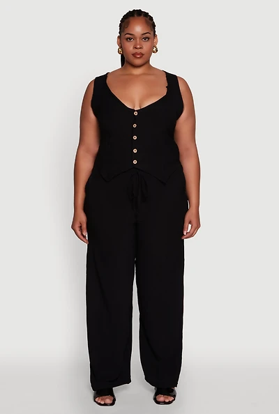 Womens Plus Size Drawstring Detail High Waisted Palazzo Pants, Black, Size 1X