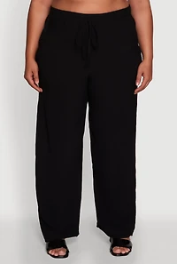 Womens Plus Size Drawstring Detail High Waisted Palazzo Pants, Black, Size 1X