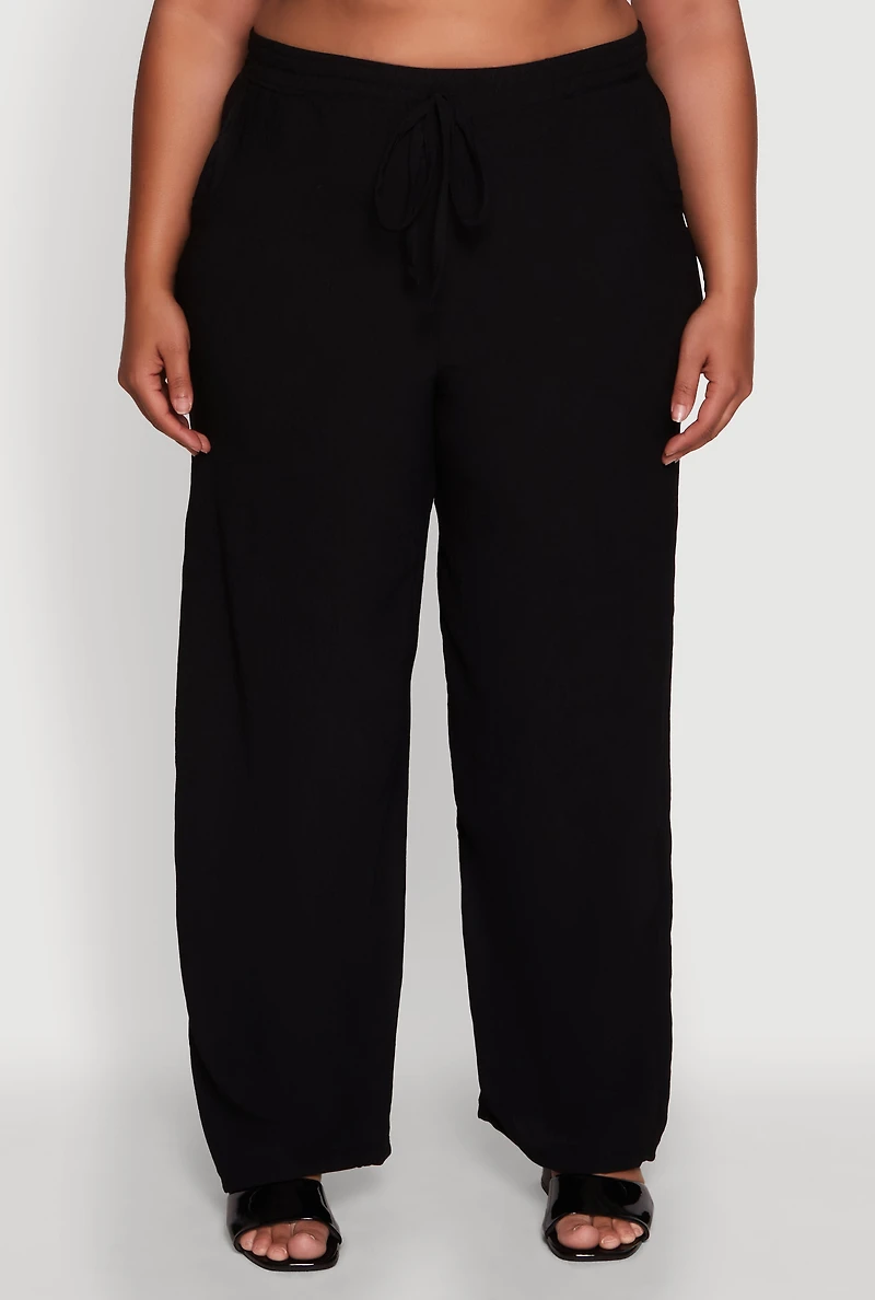 Womens Plus Size Drawstring Detail High Waisted Palazzo Pants, Black, Size 3X