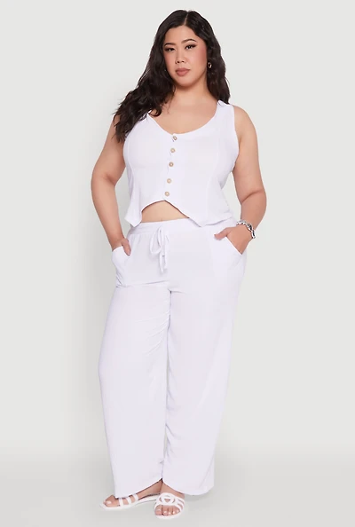 Womens Plus Size Drawstring Detail High Waisted Palazzo Pants, White, Size 4X