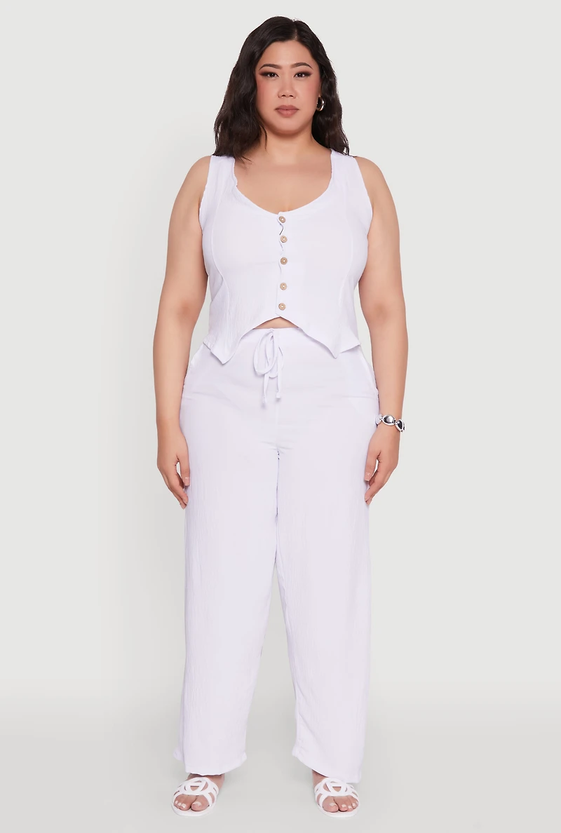 Womens Plus Size Drawstring Detail High Waisted Palazzo Pants, White, Size 4X
