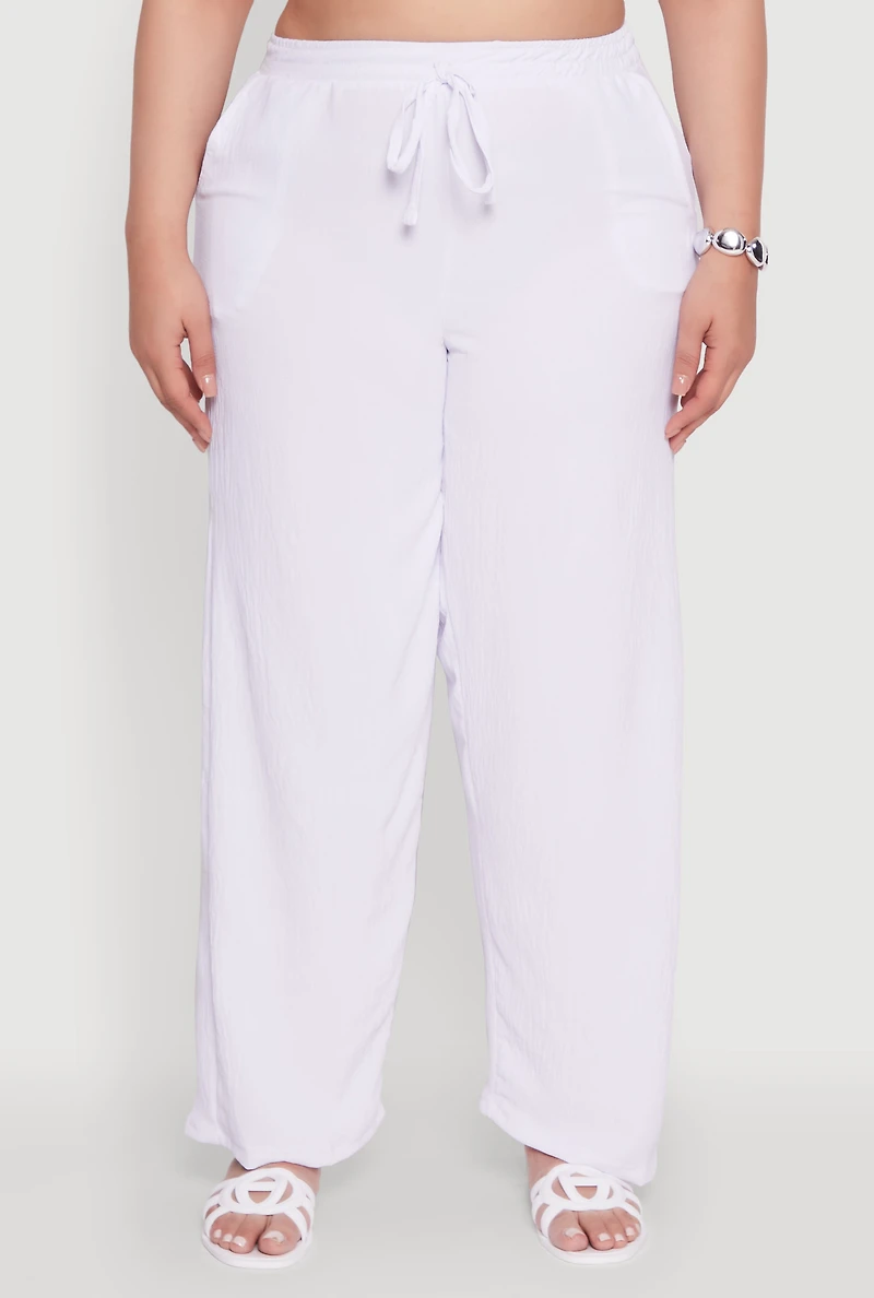Womens Plus Size Drawstring Detail High Waisted Palazzo Pants, White, Size 4X