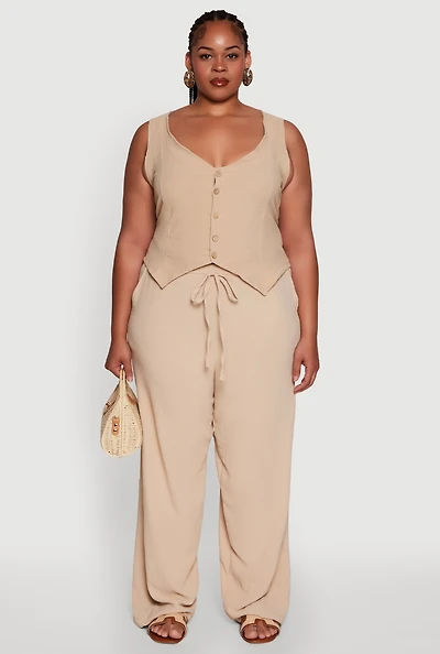Womens Plus Size Drawstring Detail High Waisted Palazzo Pants, Khaki, Size 3X