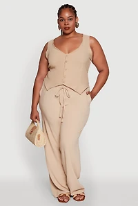 Womens Plus Size Drawstring Detail High Waisted Palazzo Pants, Khaki, Size 3X