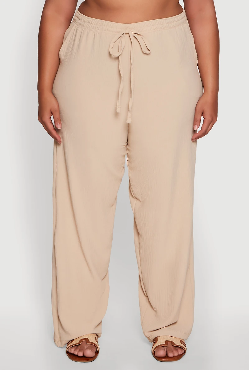 Womens Plus Size Drawstring Detail High Waisted Palazzo Pants, Khaki, Size 3X