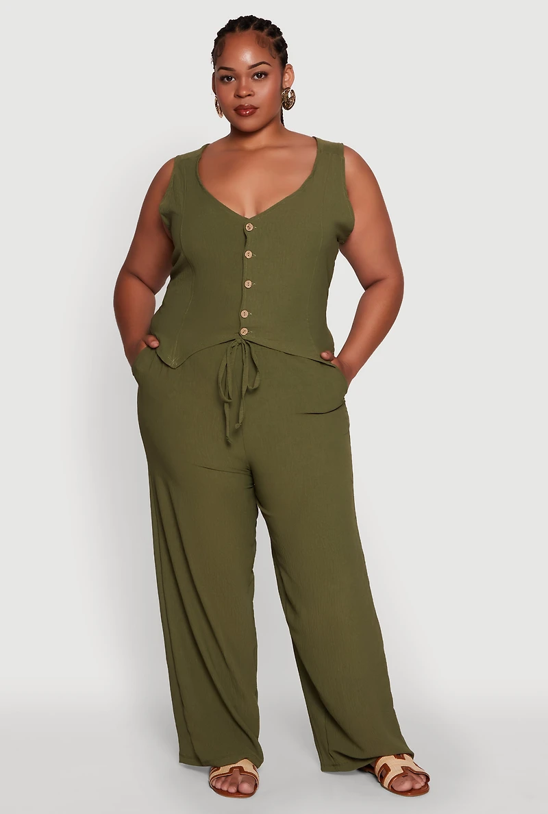 Womens Plus Size Drawstring Detail High Waisted Palazzo Pants, Green, Size 1X