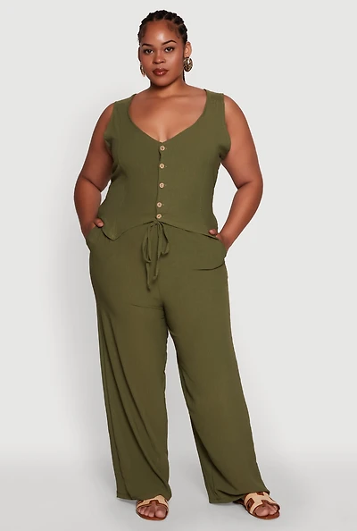 Womens Plus Size Drawstring Detail High Waisted Palazzo Pants, Green, Size 1X