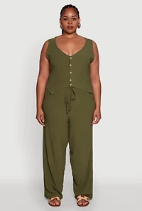 Womens Plus Size Drawstring Detail High Waisted Palazzo Pants, Green, Size 1X