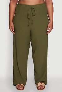 Womens Plus Size Drawstring Detail High Waisted Palazzo Pants, Green, Size 1X