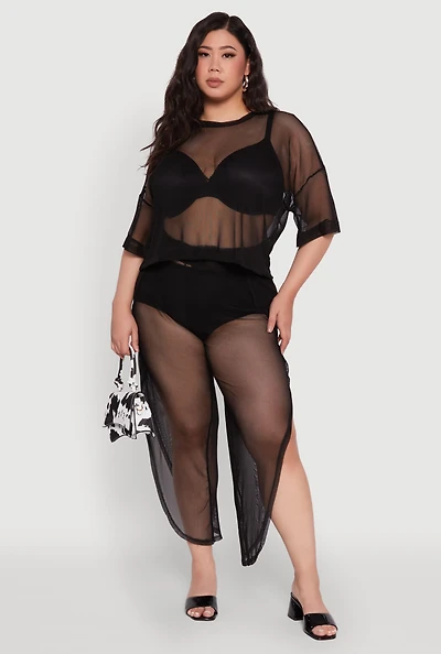 Womens Plus Trendy High Waist Side Slit Mesh Palazzo Pants,